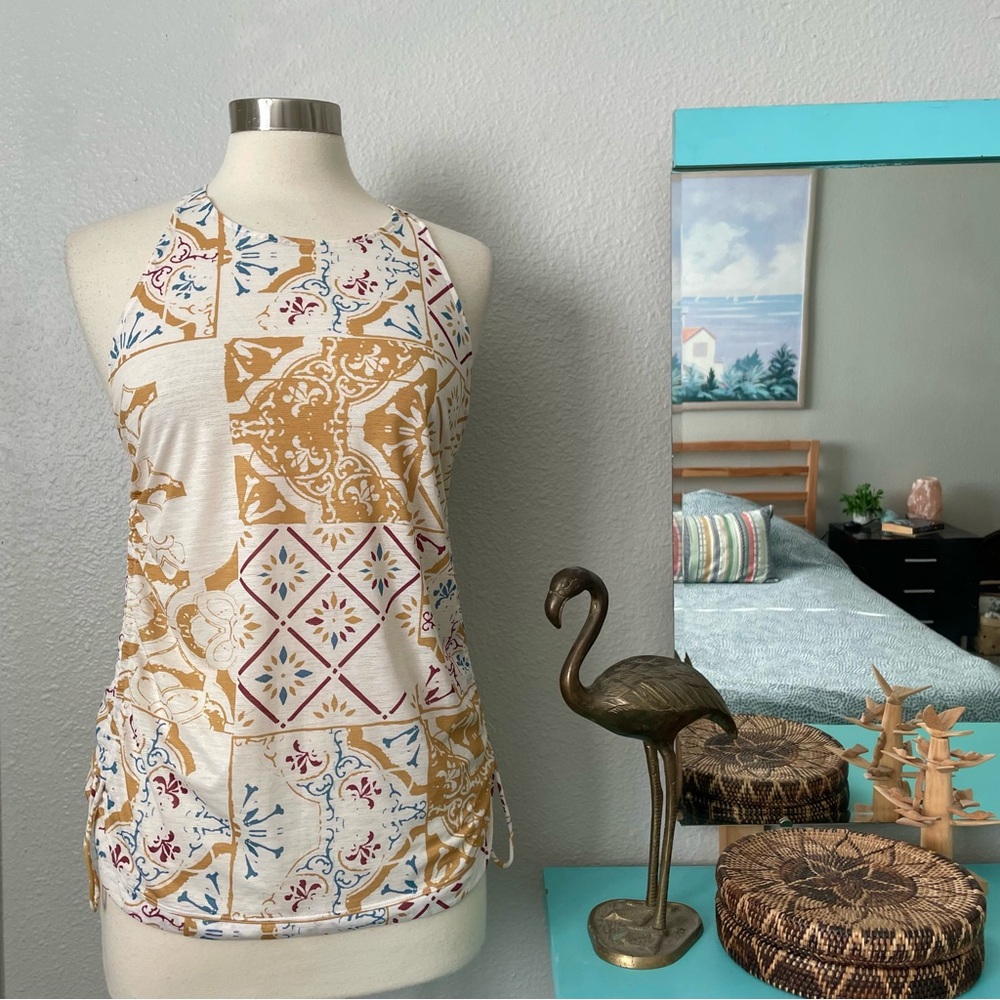 Prana Amata Cream Racerback Tank Top Shirt Mustard & Blue Tile Print Medium